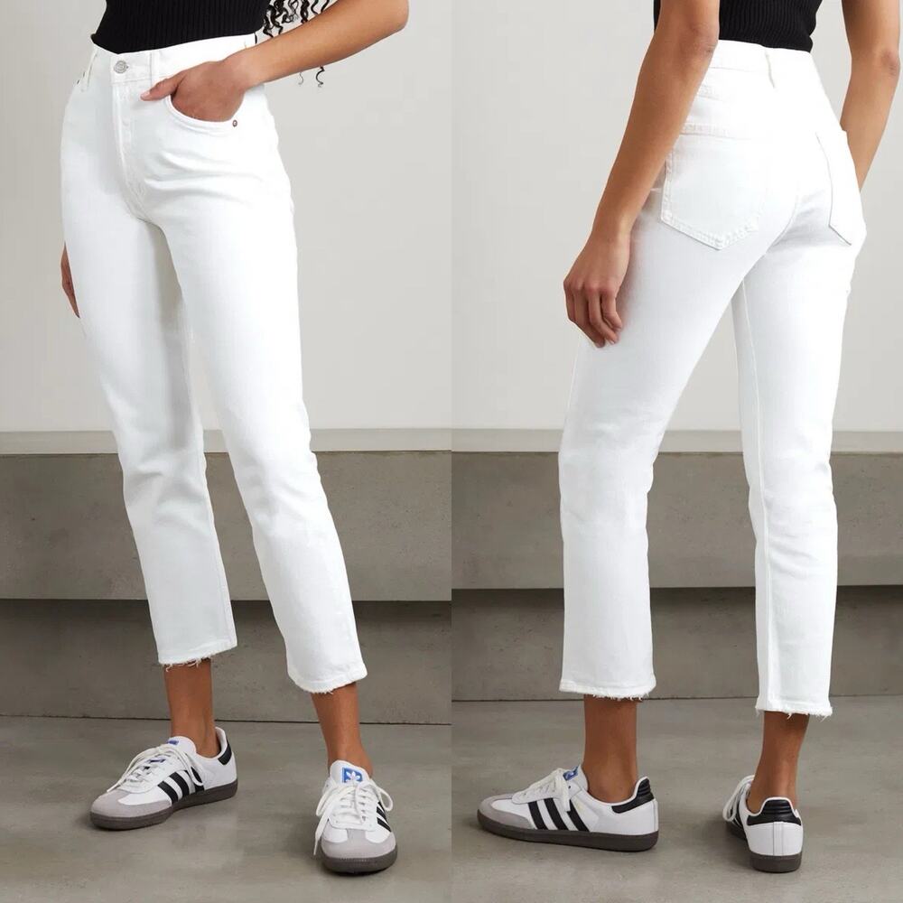 Agolde White High Rise Straight Leg Raw Hem Riley Crop Jeans - 26